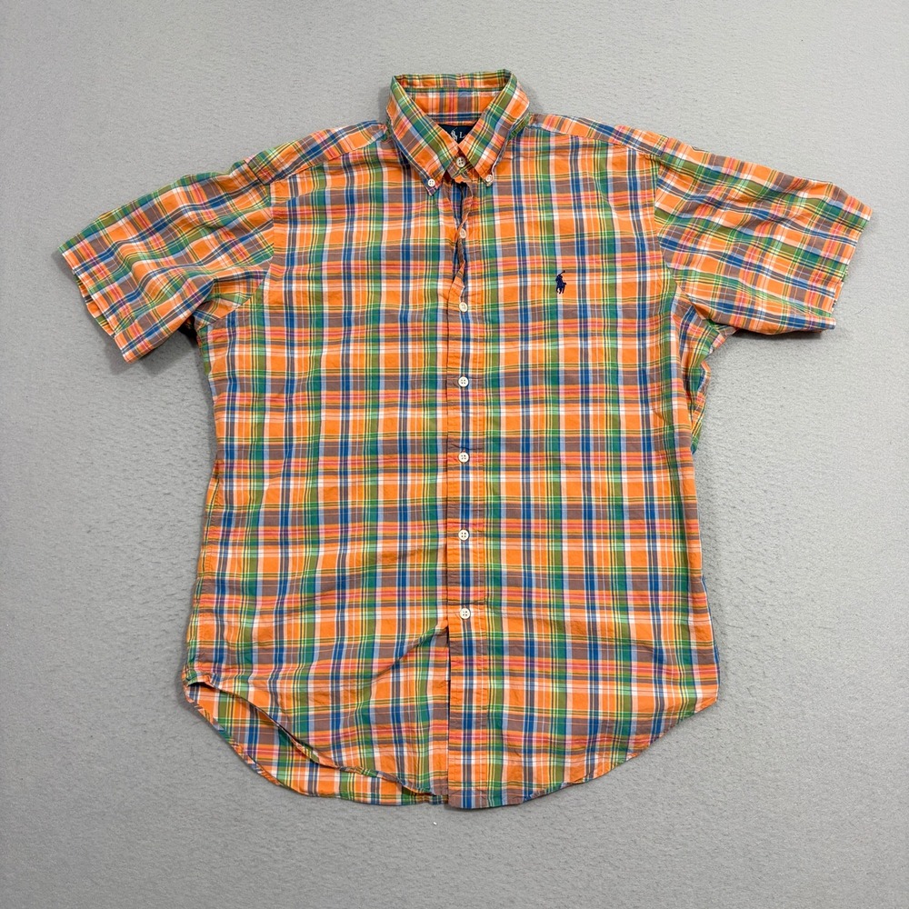 Vintage Polo Ralph Lauren Button Shirt Medium Orange Plaid Classic Short Sleeve